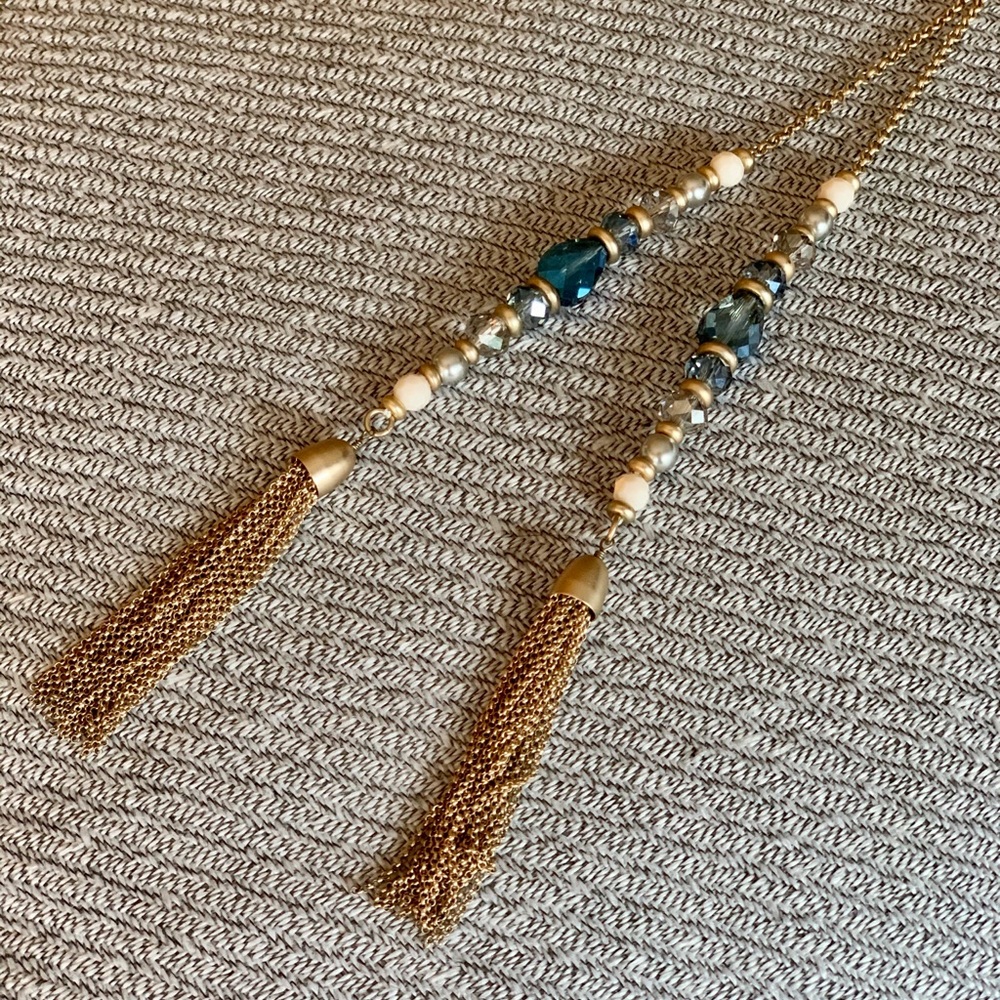 LOFT long necklace with blue silver & cream jewels